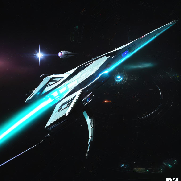 Futuristic spaceship with blue energy trails in space