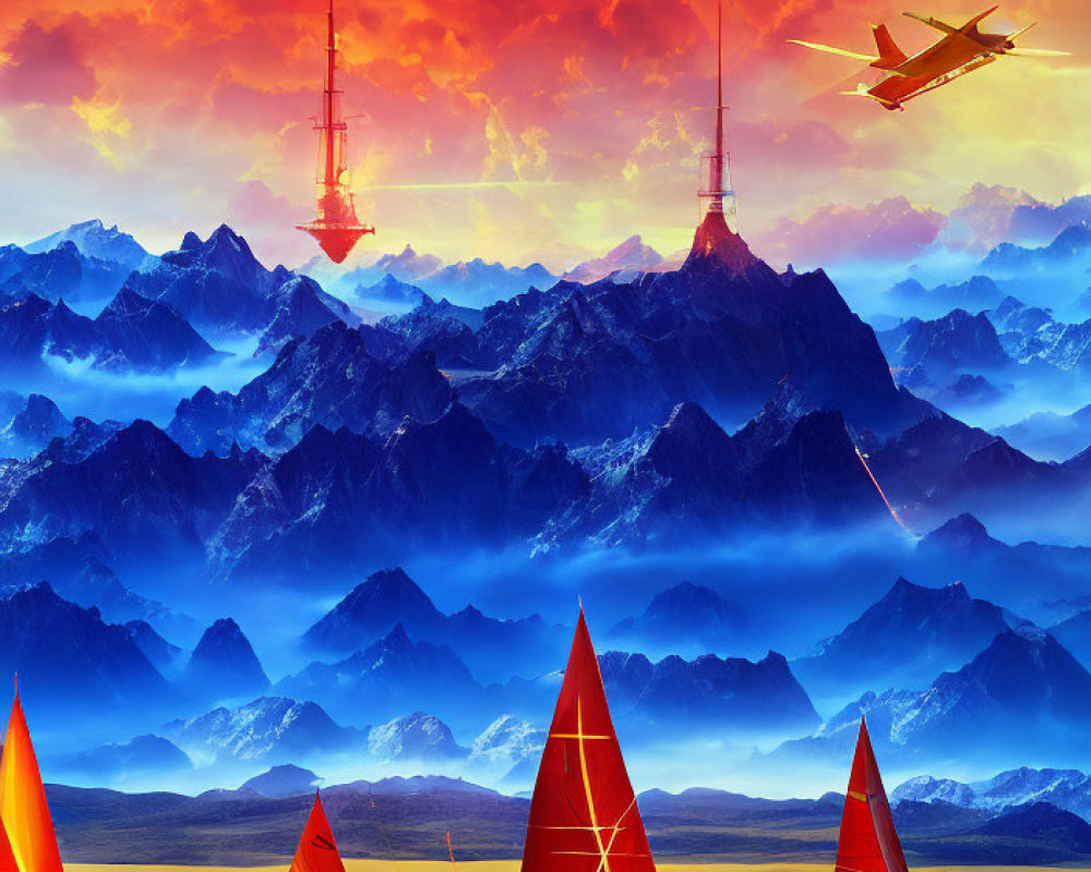 Surreal landscape with fiery sky, mountains, planes, and red sailboats