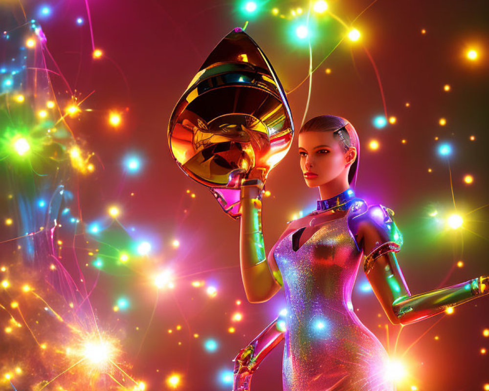 Futuristic woman in shimmering dress with horn instrument in vibrant lights