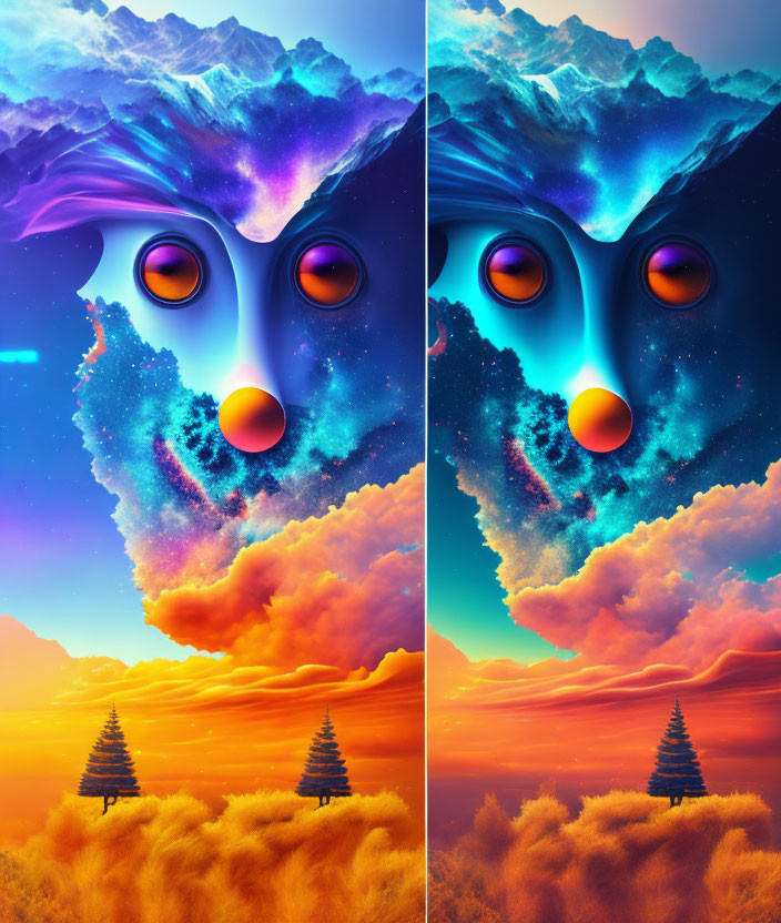 Mirrored landscapes with face formed by mountains, skies, and clouds at sunset.