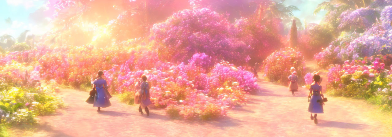 Vibrant animated characters in magical garden with colorful flowers