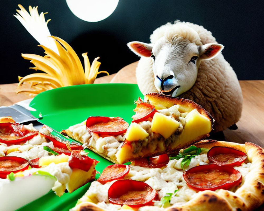 Plush sheep toy with pepperoni pizza, bananas, and circular light