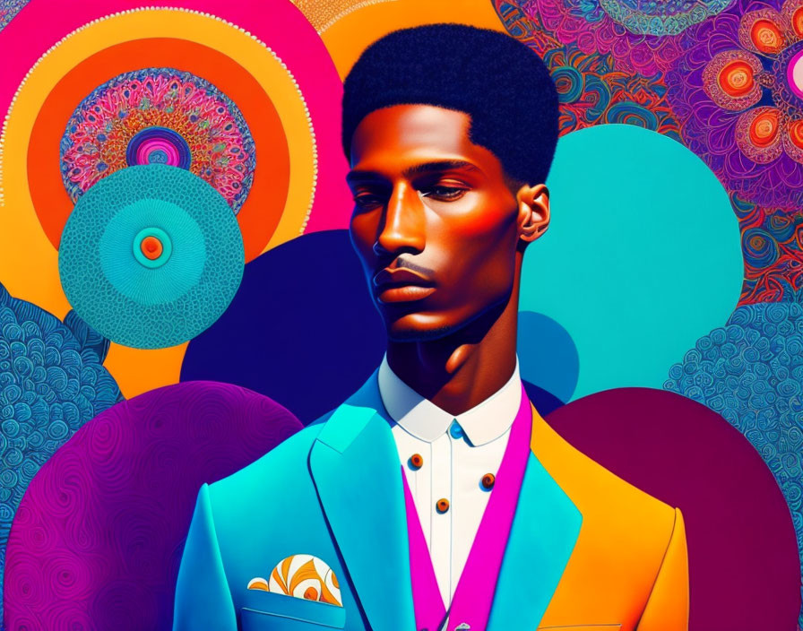 Colorful Digital Artwork: Stylized Man in Blue Suit with Psychedelic Mandala Background