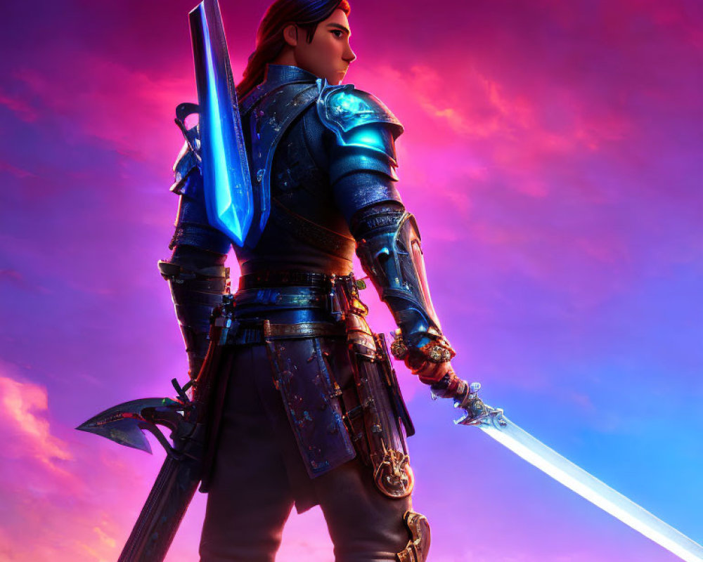 3D-rendered knight in blue armor with glowing sword against pink and purple sky
