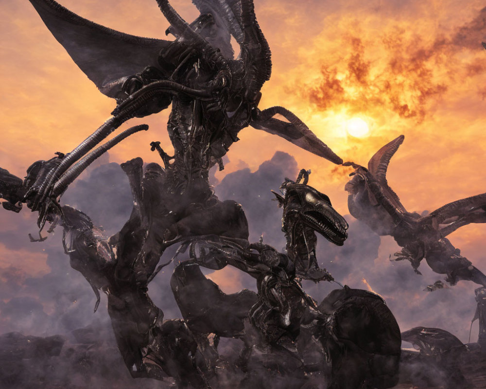 Fantasy scene: Multiple dragon-like creatures under dusky sky