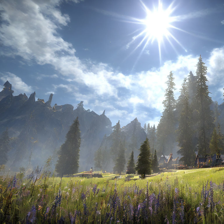 Vibrant meadow with purple flowers, tall trees, sunny sky, and mountain view