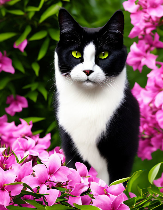 Black and White Cat with Green Eyes Surrounded by Pink Flowers