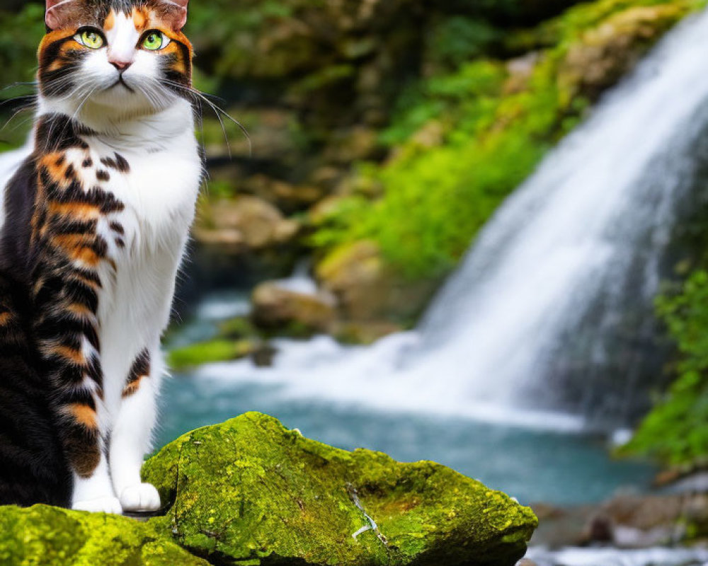 Calico Cat on Moss-Covered Rocks by Waterfall