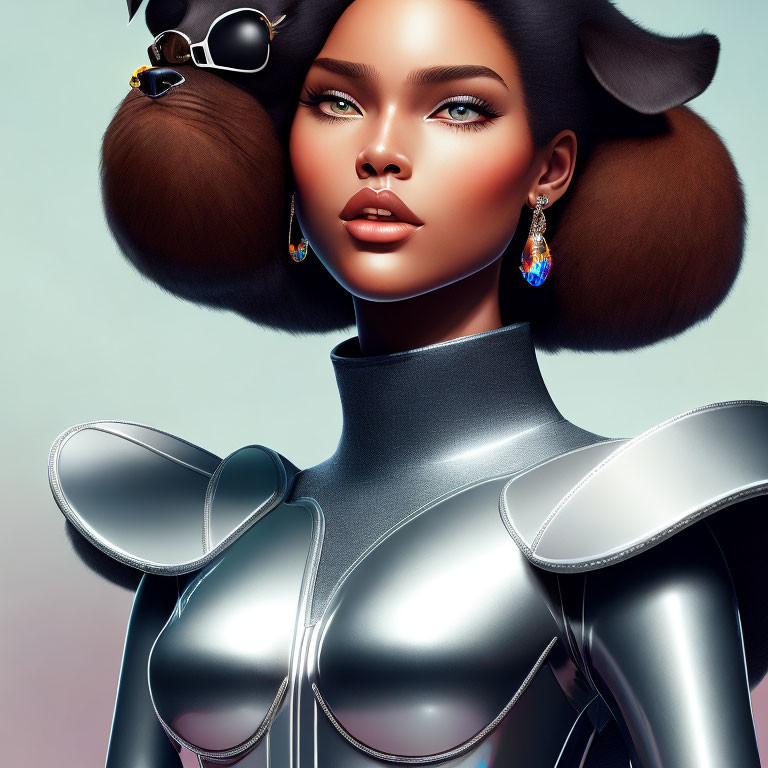 Futuristic digital artwork featuring woman in silver outfit