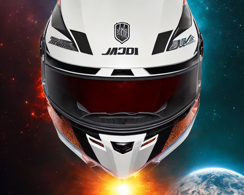 White Motorcycle Helmet with Transformers Autobot Emblem on Cosmic Background