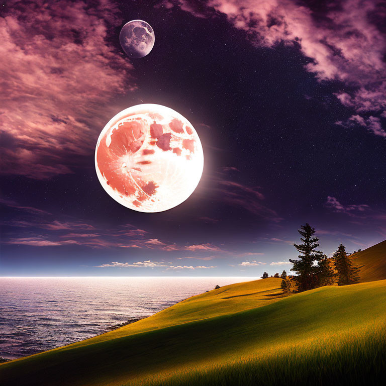 Surreal landscape with large red moon, small white moon, night sea, grassy cliff,