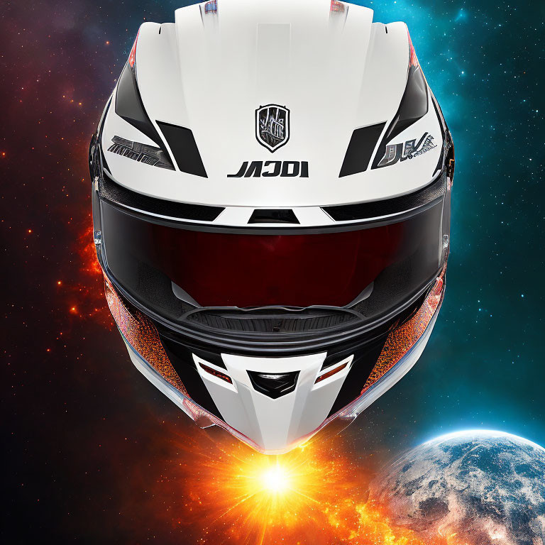 White Motorcycle Helmet with Transformers Autobot Emblem on Cosmic Background