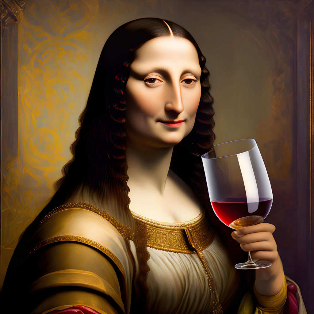 Classic Portrait: Mona Lisa with Red Wine and Gold Background