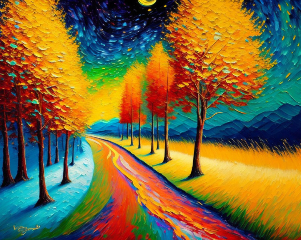 Colorful painting of winding path through autumn forest under starry sky