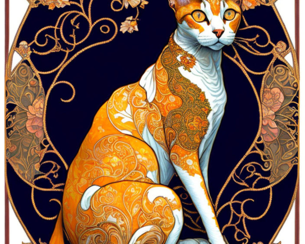 Illustrated Cat with Gold Patterns on Blue Background and Floral Motifs