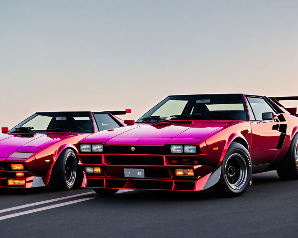 Classic Sports Cars in Vibrant Pink, Angular Designs, Parked Side by Side at Dusk