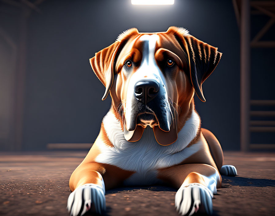 Large Brown and White Fur Dog in 3D Animation