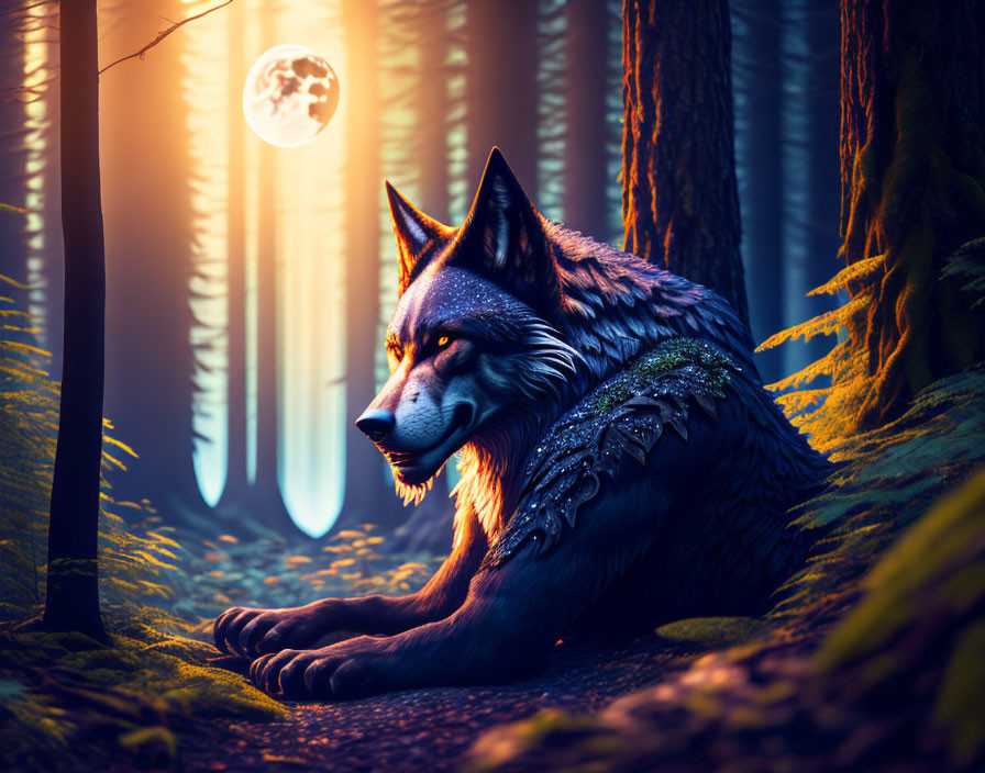 Mystical winged wolf in moonlit forest with vibrant blue and orange hues