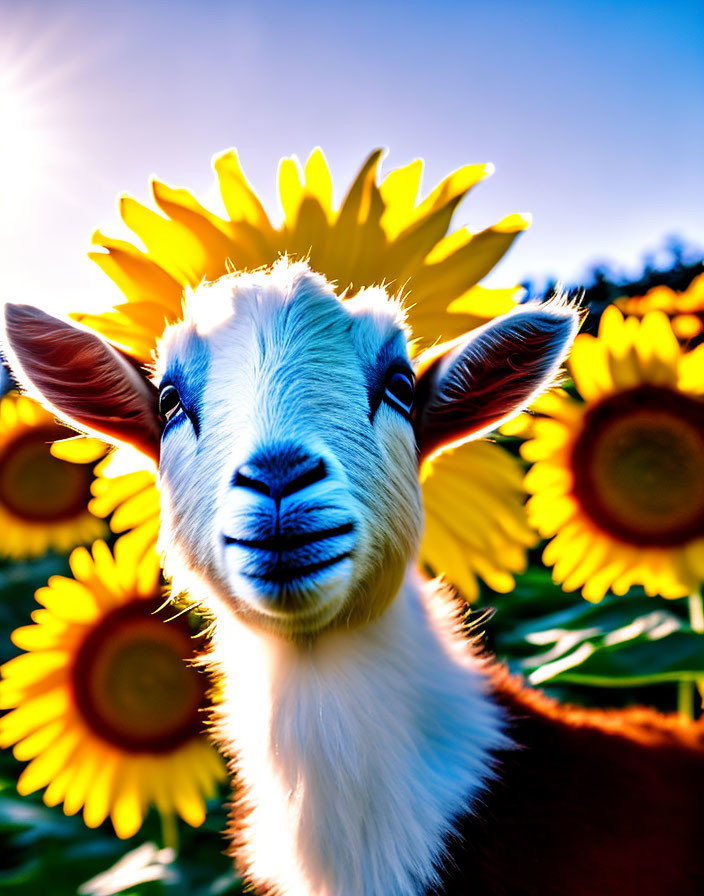 Sunflower halo effect on playful goat under blue sky