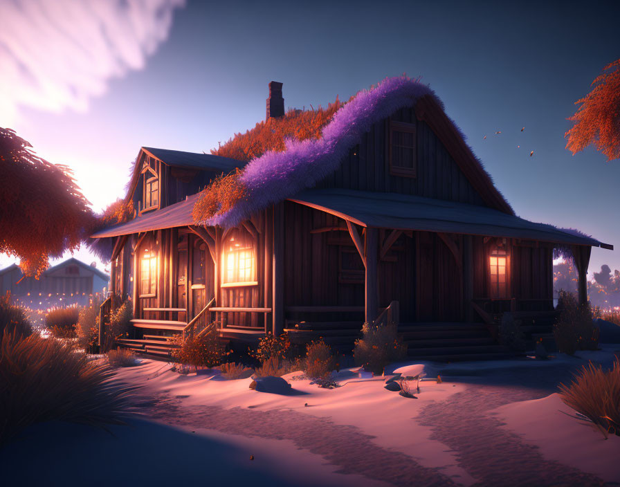 Wooden cabin in twilight snowscape with glowing windows