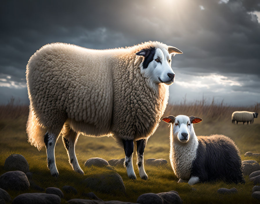 Sheep and lamb on grassy field under dramatic sky