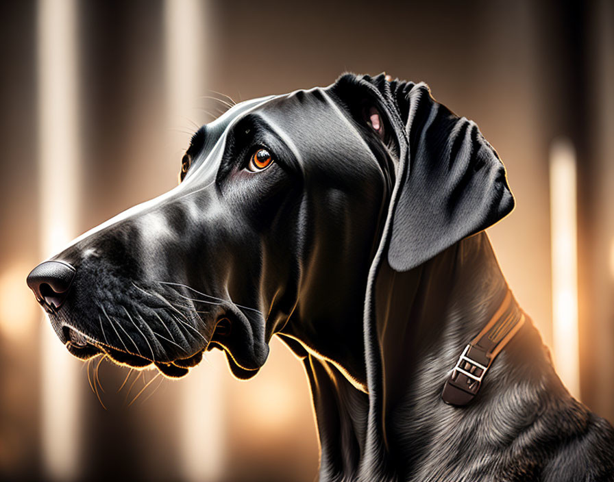 Black Dog with Glossy Coat and Brown Eyes Wearing Collar in Warm Blurred Background