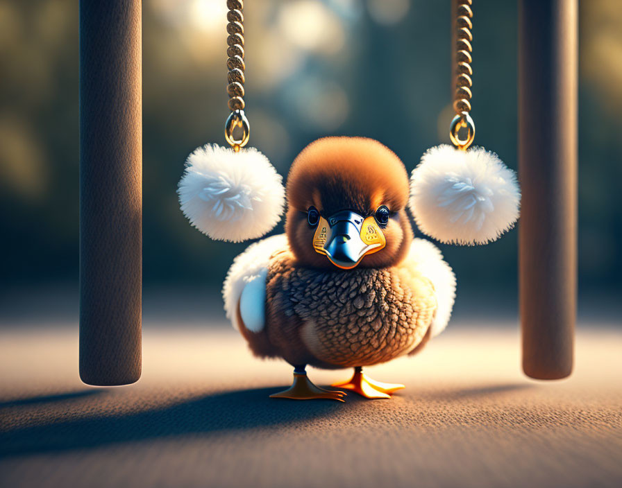 Fluffy stylized duckling with large eyes among swing set chains