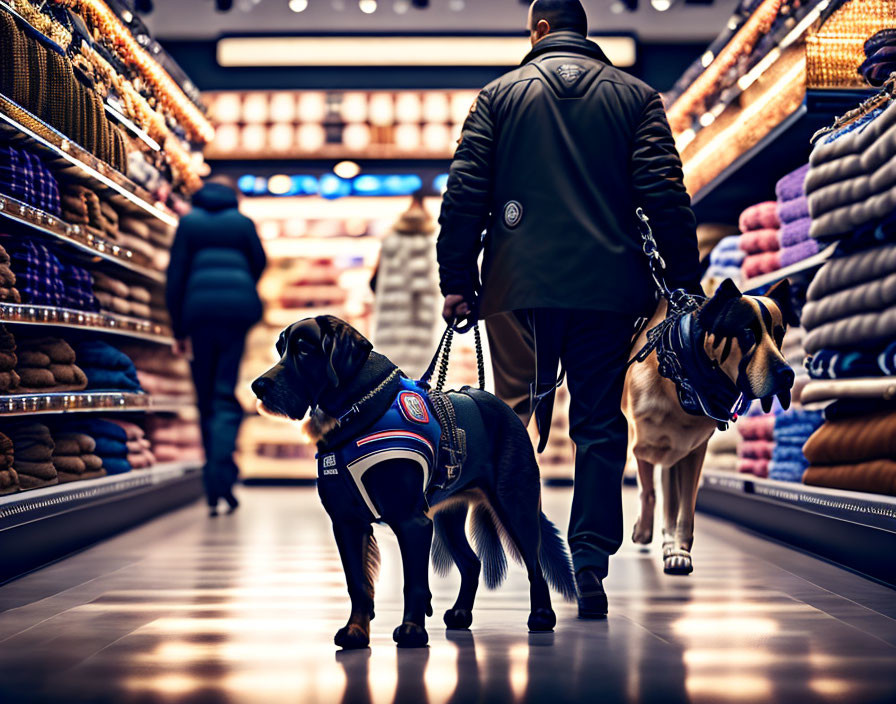 Person with Two Service Dogs Walking in Store Aisle with Stocked Shelves