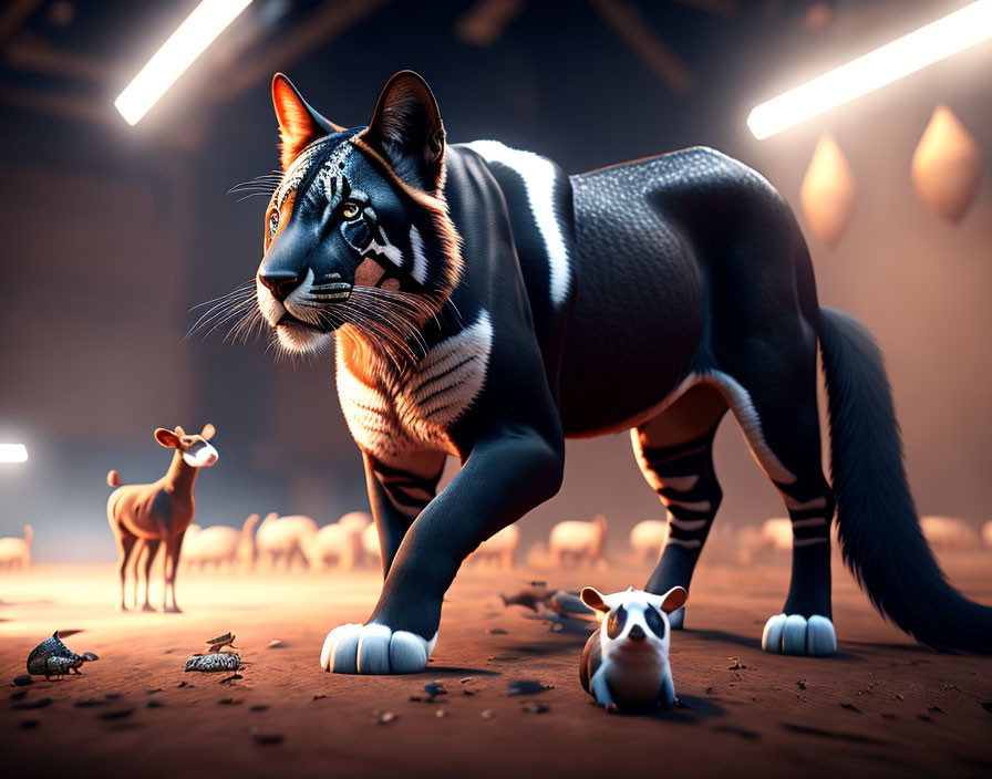 Digital Artwork: Tiger-Striped Cat in Sporty Attire with Cute Animal Friends