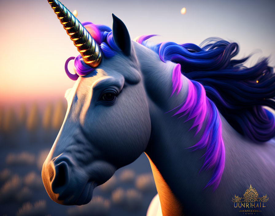 Vibrant sunset backdrop with unicorn featuring shiny horn and colorful mane