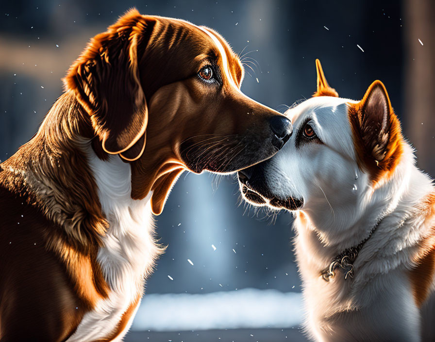 Affectionate dogs touching noses in snowy scene with warm lighting.