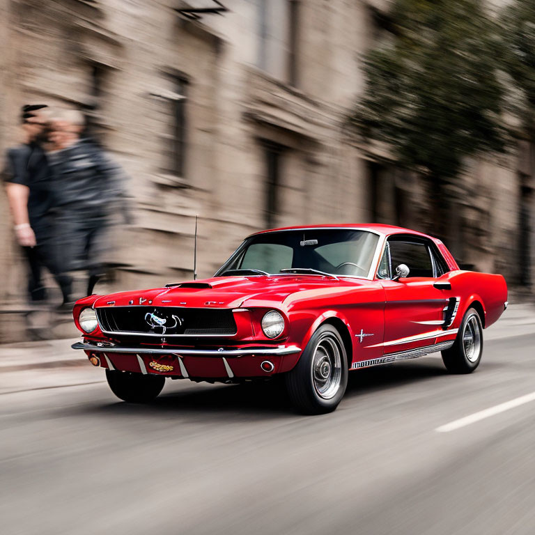 Vintage Red Mustang with Motion Blur on Street, People Walking in Background