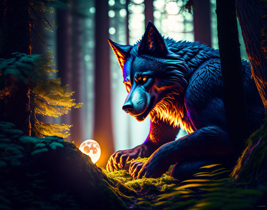 Stylized wolf with glowing orb in mystical neon-lit forest