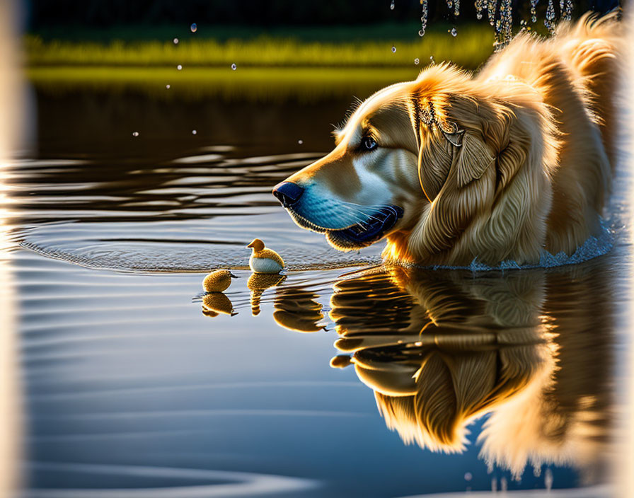 Golden Retriever and Duckling Reflecting in Calm Water