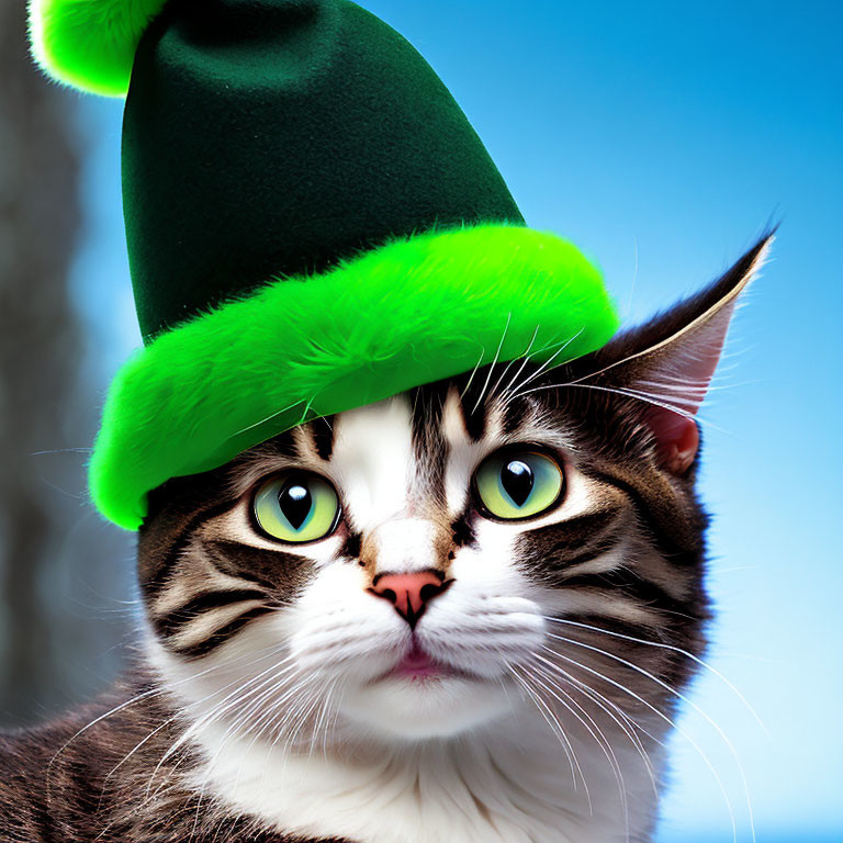 Brown and White Striped Cat with Green Elf Hat on Blue Background