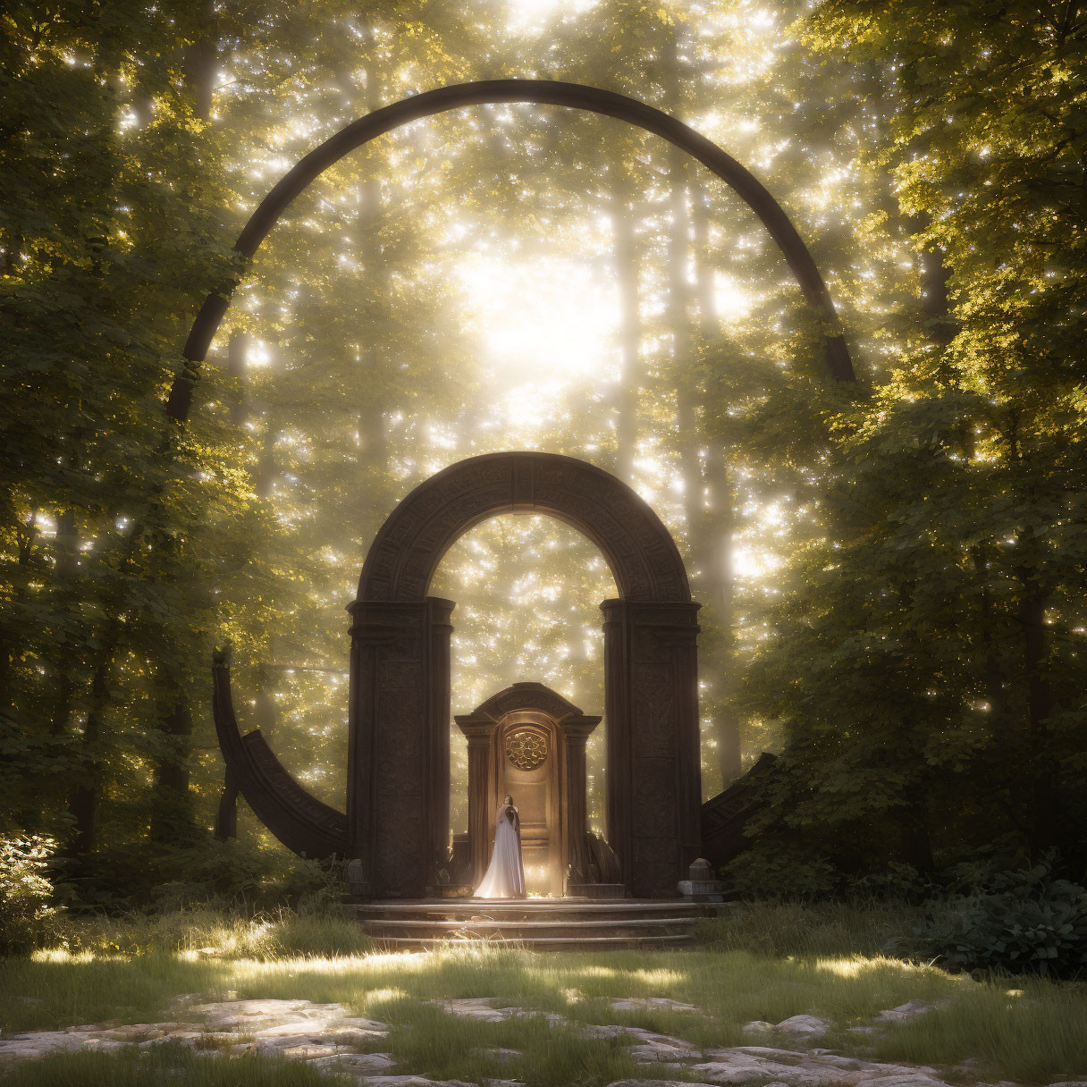 Mystical archway in sunlit forest with robed figure