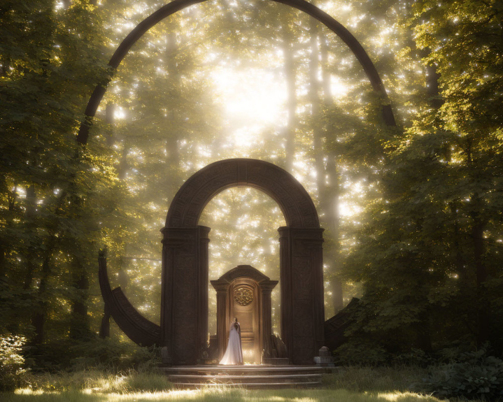 Mystical archway in sunlit forest with robed figure