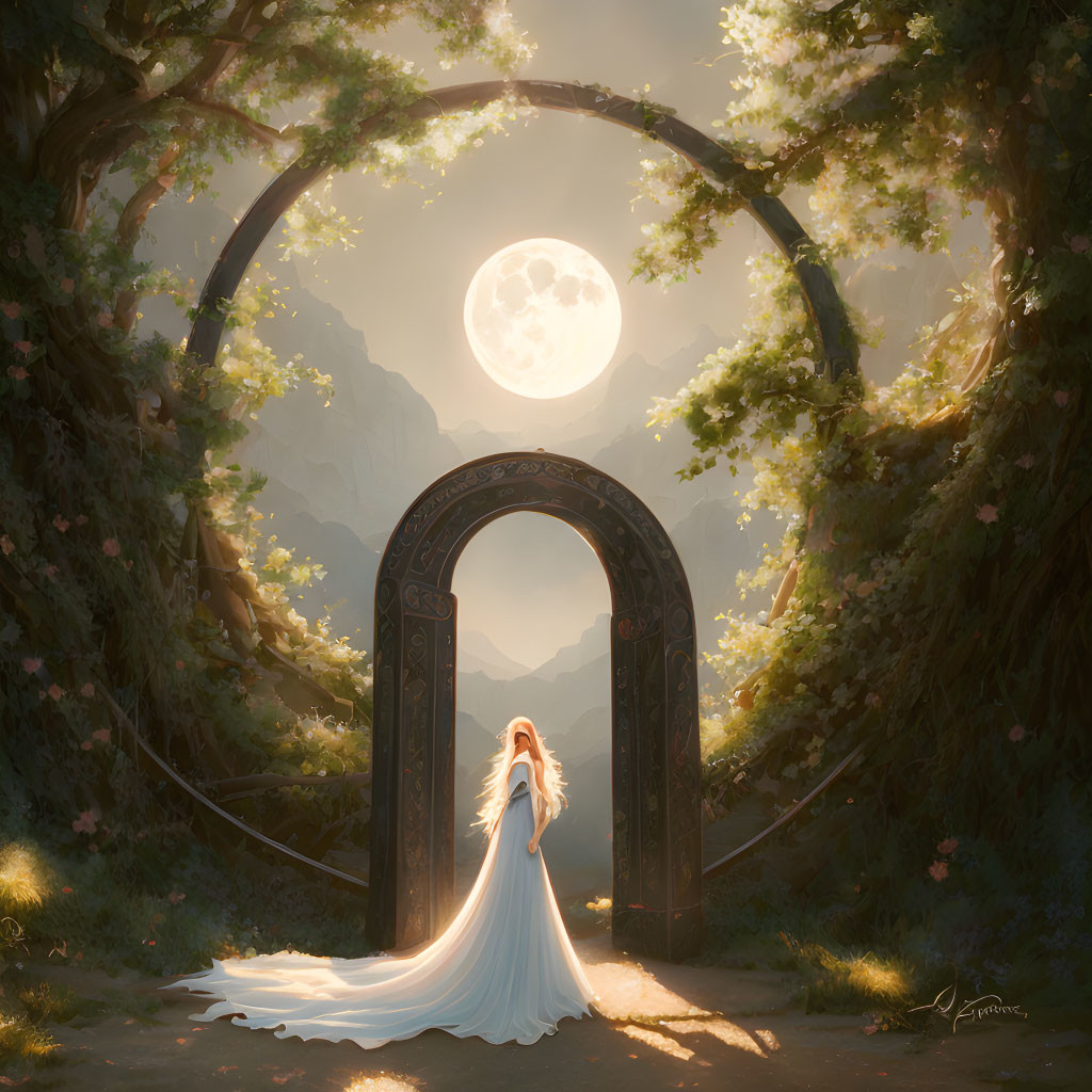 Woman in white dress at ornate gateway under full moon in ethereal forest