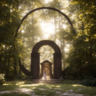 Woman in white dress at ornate gateway under full moon in ethereal forest