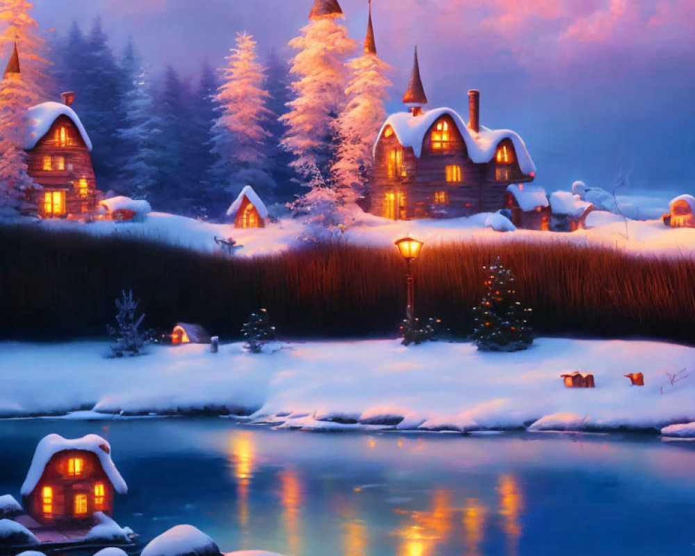 Snowy Village Scene: Illuminated Houses & Christmas Decorations by River at Dusk