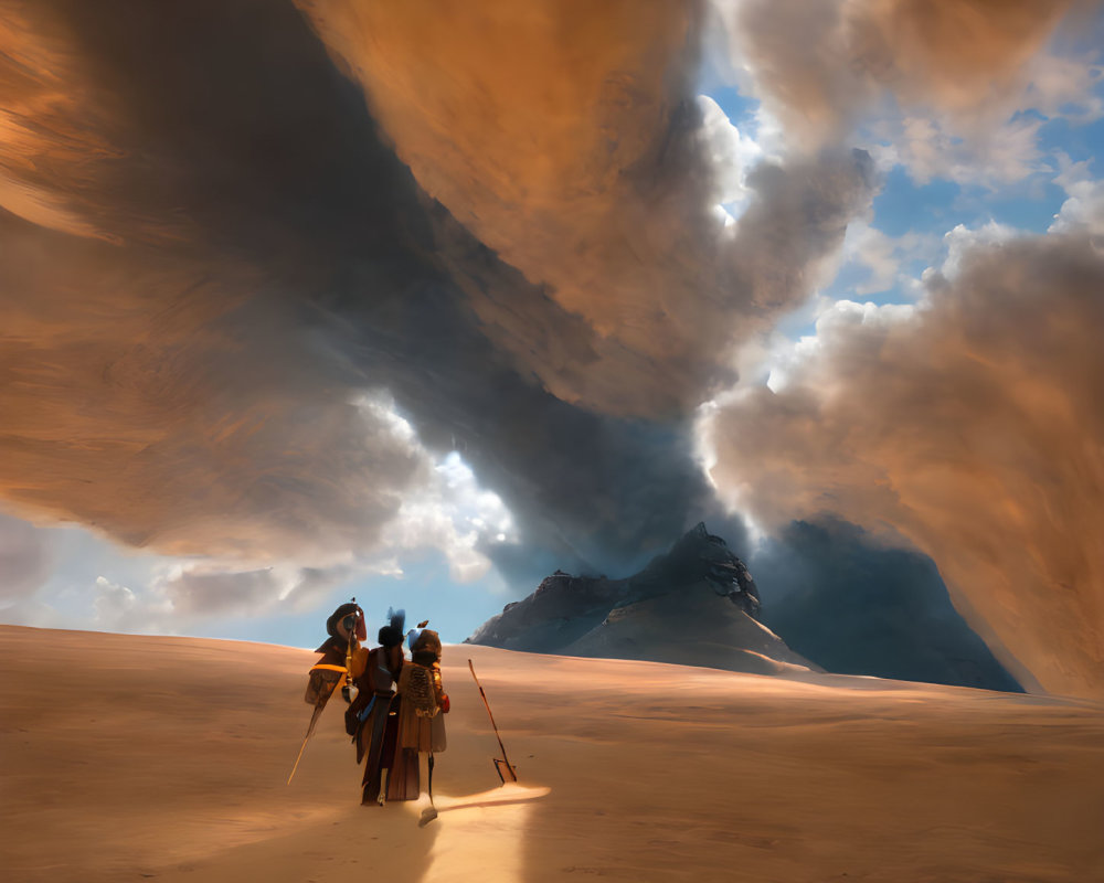Three travelers with staffs on sandy expanse, facing dramatic mountain under swirling sky