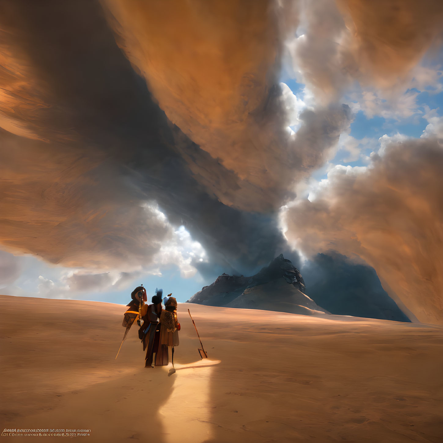 Three travelers with staffs on sandy expanse, facing dramatic mountain under swirling sky