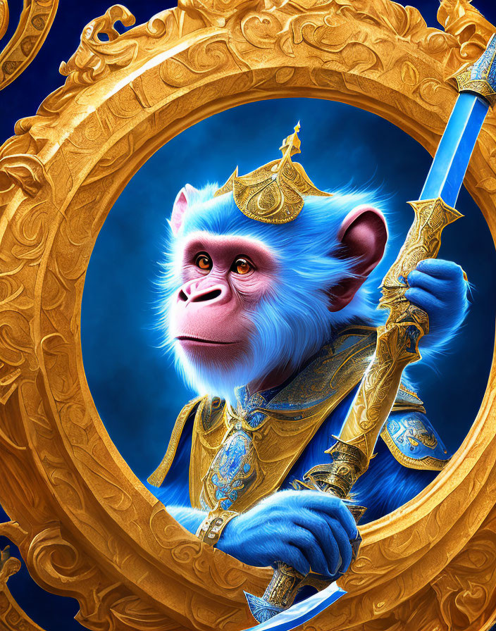 Regal blue monkey with crown, sword, and armor in golden circular frame
