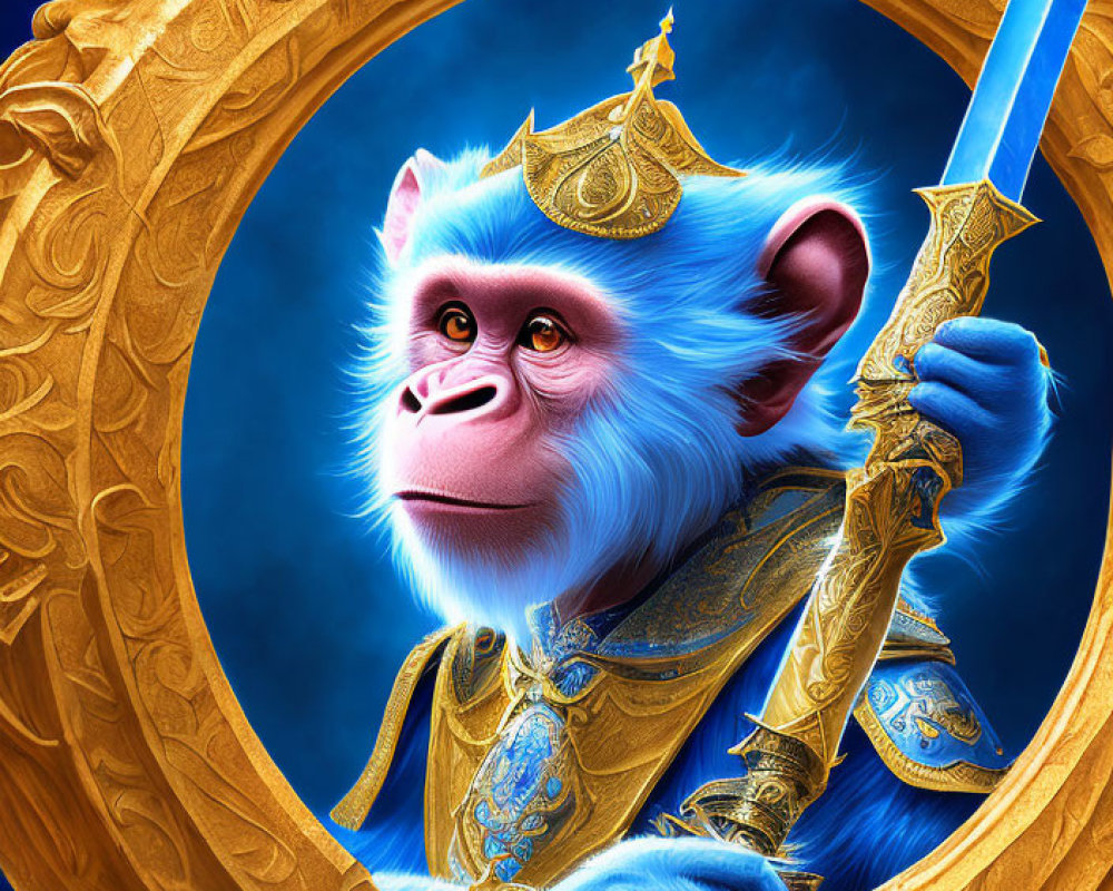 Regal blue monkey with crown, sword, and armor in golden circular frame