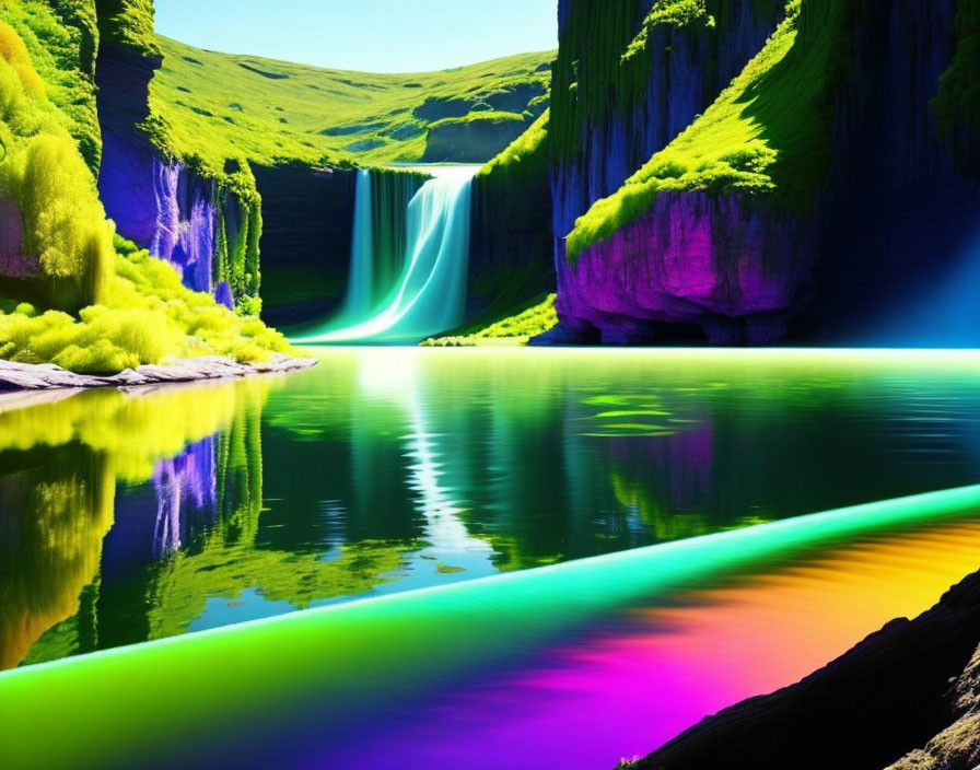 Colorful waterfall cascading through green cliffs into river with neon reflections