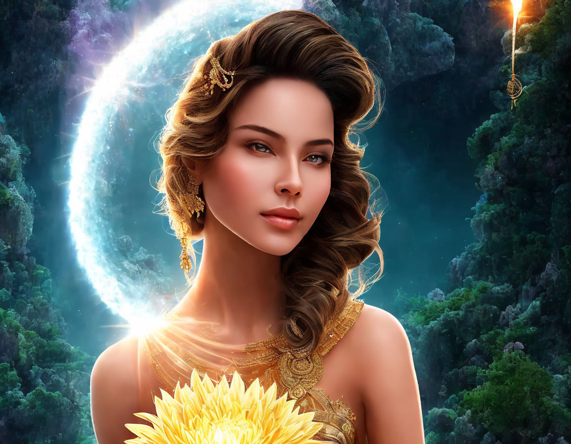 Digital artwork featuring woman with golden jewelry, sunflower, fantasy forest, and crescent moon.