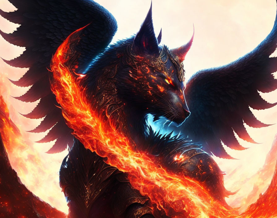 Mythical creature with wolf head, dragon body, flames, and wings