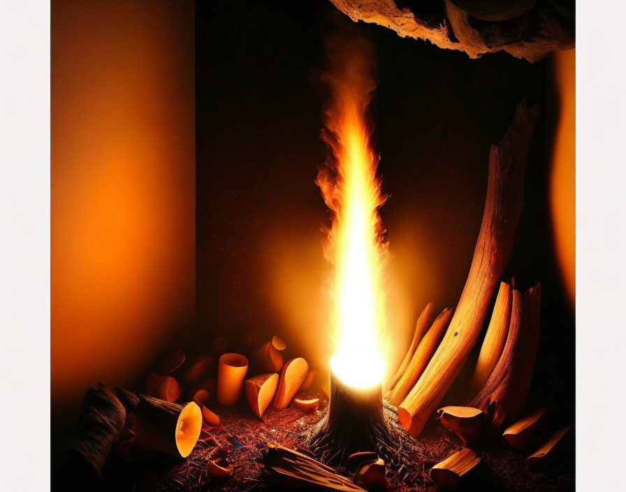 Bright Campfire Illuminating Logs and Embers at Night