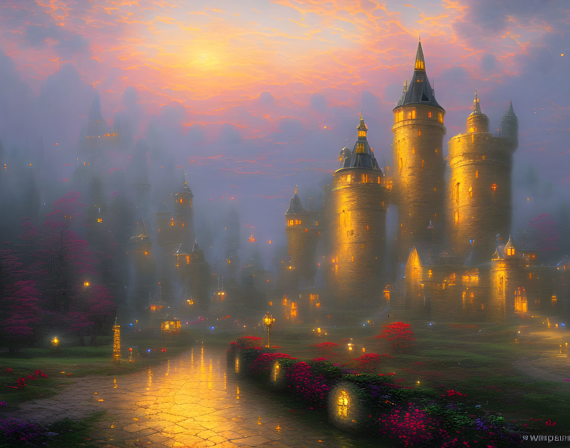 Enchanting castle at sunset with glowing windows and lush gardens