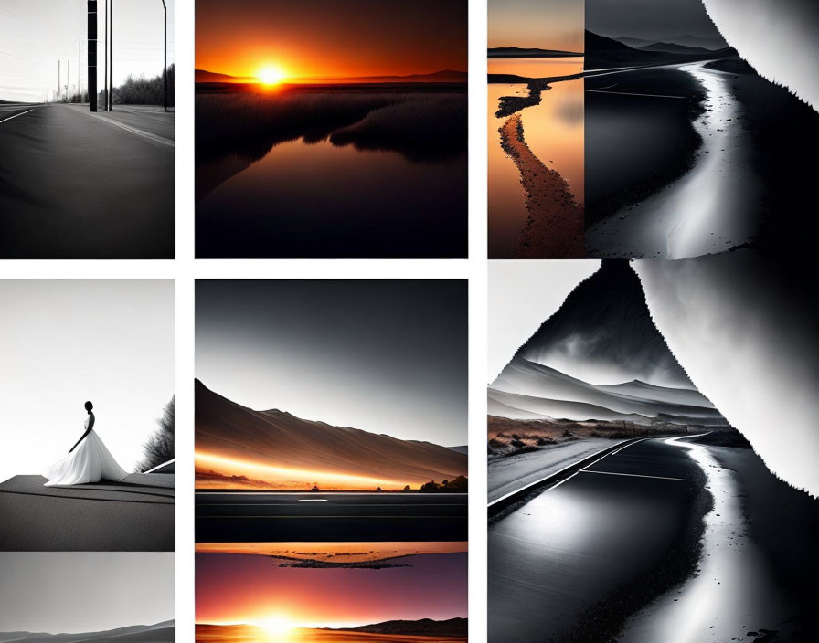 Collage of Nine Landscape Images with Person, Roads, and Reflections